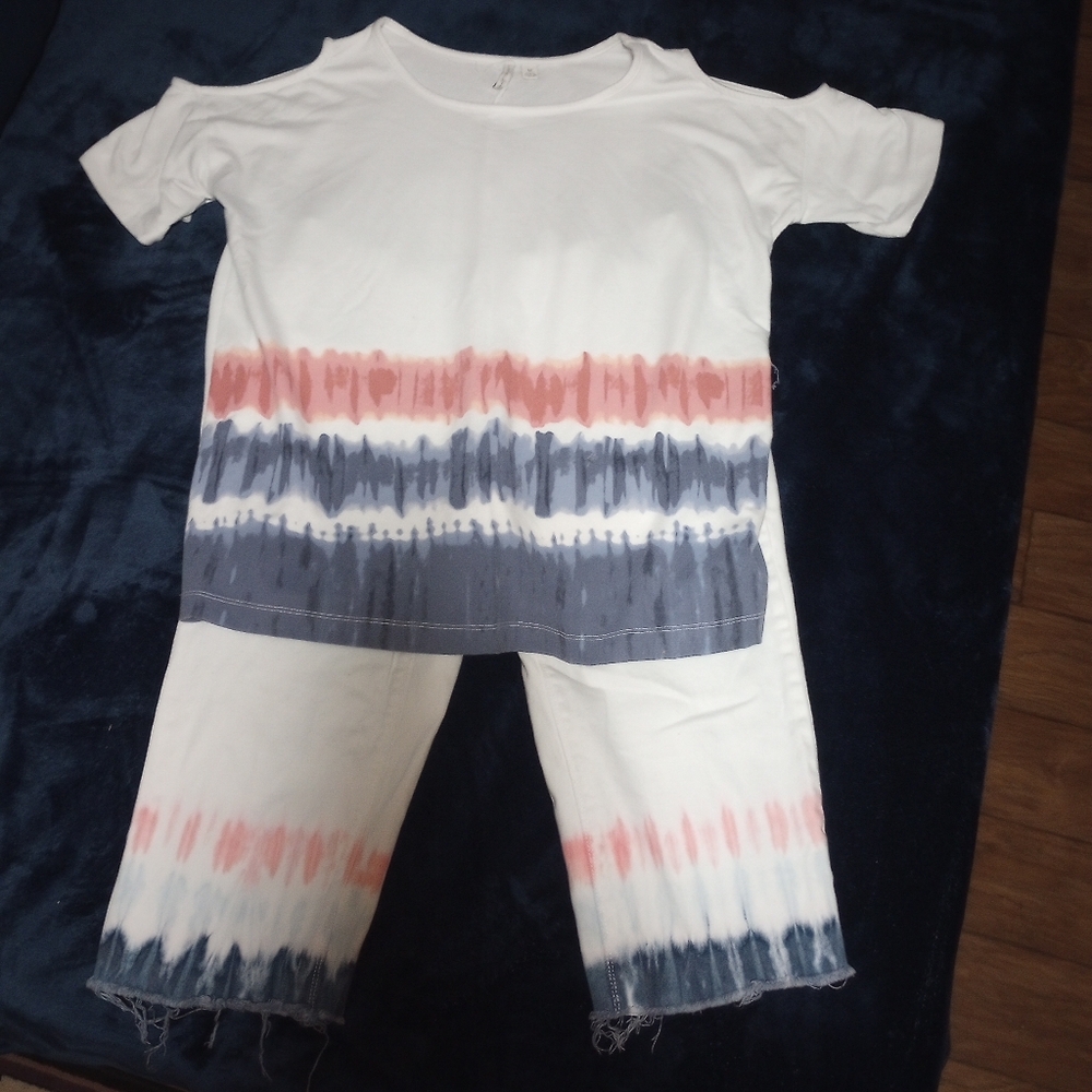 Stylish Tie-Dye Pantsuit in White, Pink, and Blue